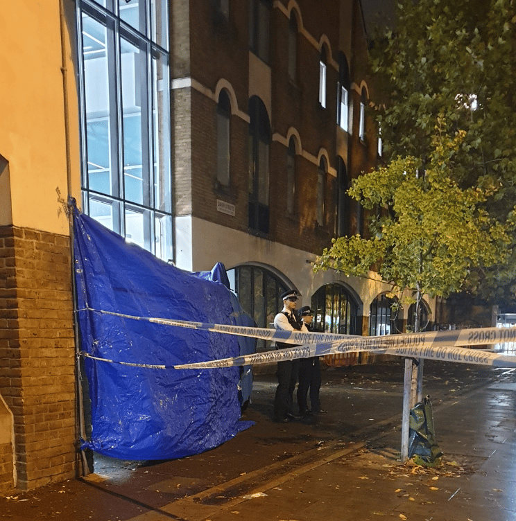 A man died in the front reception area of Stoke Newington police station after jumping off a telephone kiosk and suffering catastrophic injuries